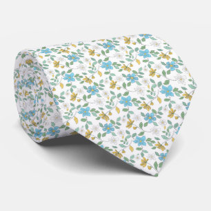 Blue yellow and white flowers on white background. tie