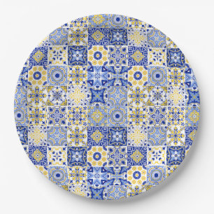 Blue & Yellow Azulejo Portuguese Majolica Mosaic Paper Plate