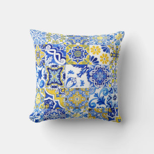 Blue & Yellow Azulejo Portuguese Majolica Mosaic Throw Pillow
