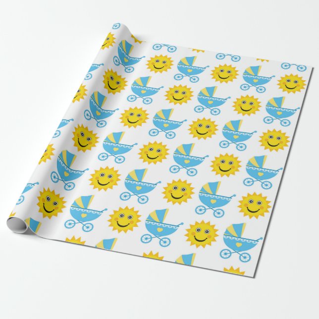 BLUE & YELLOW BABY CARRIAGE & YELLOW SUN WRAPPING PAPER (Unrolled)