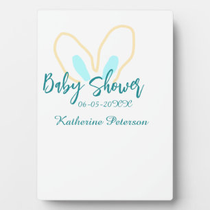 Blue yellow baby shower name date animal ear cute plaque