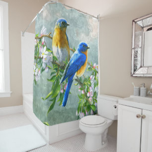 Blue Yellow Birds Cherry Blossom Tree Painting