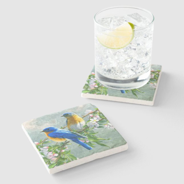 Blue Yellow Birds Cherry Blossom Tree Painting Stone Coaster (Side)