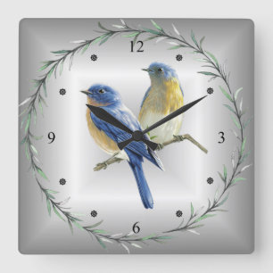 Blue &Yellow Birds Green Leaf Ring Blue/Grey Back~ Square Wall Clock