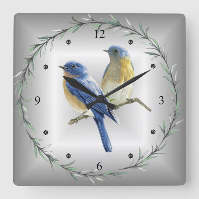 Blue &Yellow Birds Green Leaf Ring Blue/Grey Back~ Square Wall Clock (Front)