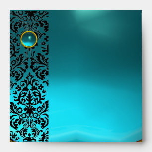 BLUE YELLOW BLACK DAMASK Aquamarine , Gold Envelopes