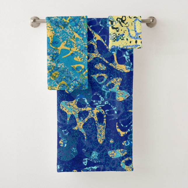 Blue Yellow Black Spotted Graphic Abstraction Bath Towel Set (Insitu)
