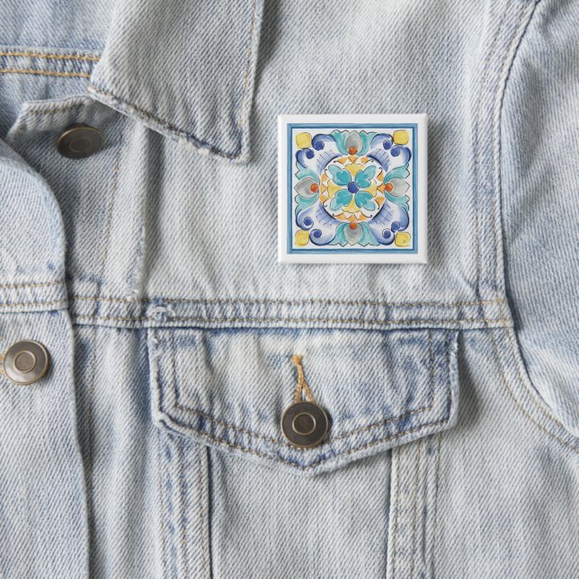 Blue & Yellow Bloom 2 Inch Square Button (In Situ)