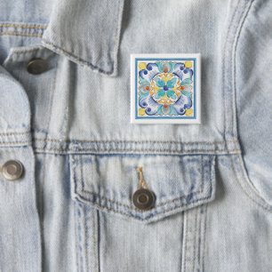 Blue & Yellow Bloom 2 Inch Square Button