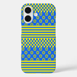 Blue Yellow Boho Check Floral Stripes Pattern iPhone 16 Case