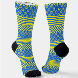 Blue Yellow Boho Check Floral Stripes Pattern Socks