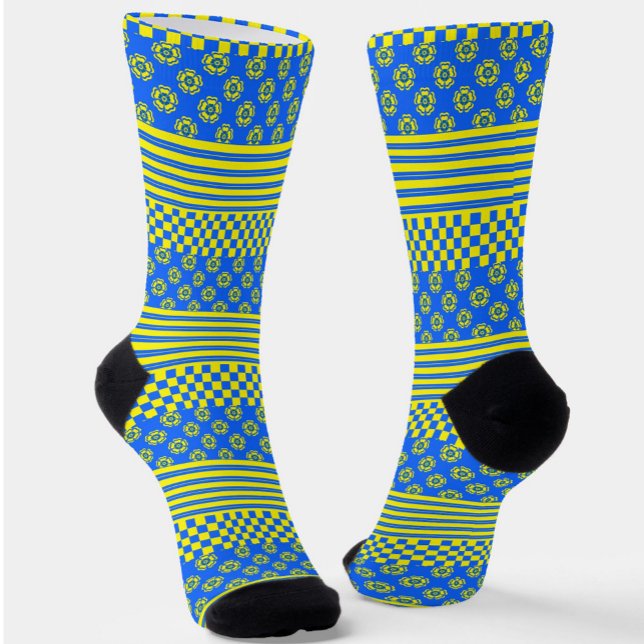 Blue Yellow Boho Check Floral Stripes Pattern Socks (Creator Uploaded)
