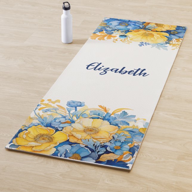 Blue Yellow Botanical Watercolor Floral Yoga Mat (In Situ)