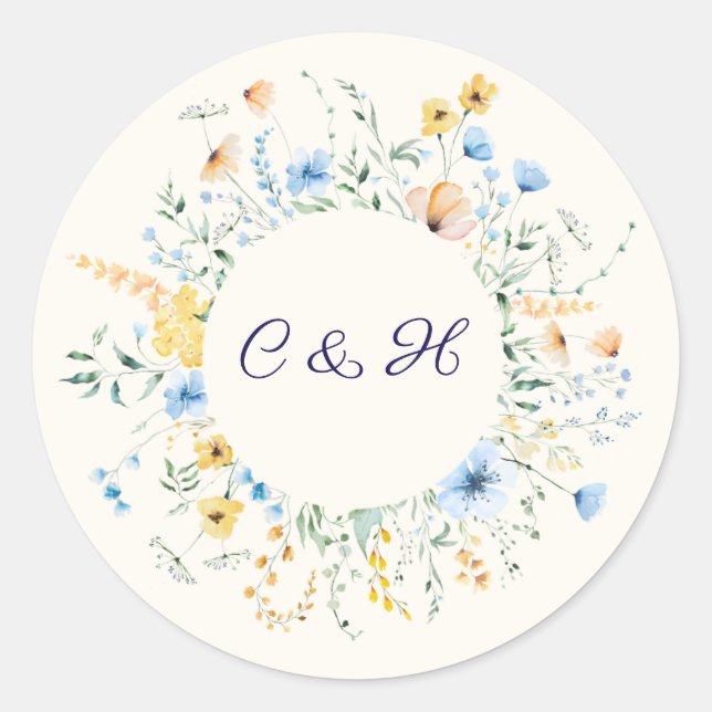 Blue & Yellow Botanical Wedding Monogram Sticker (Front)