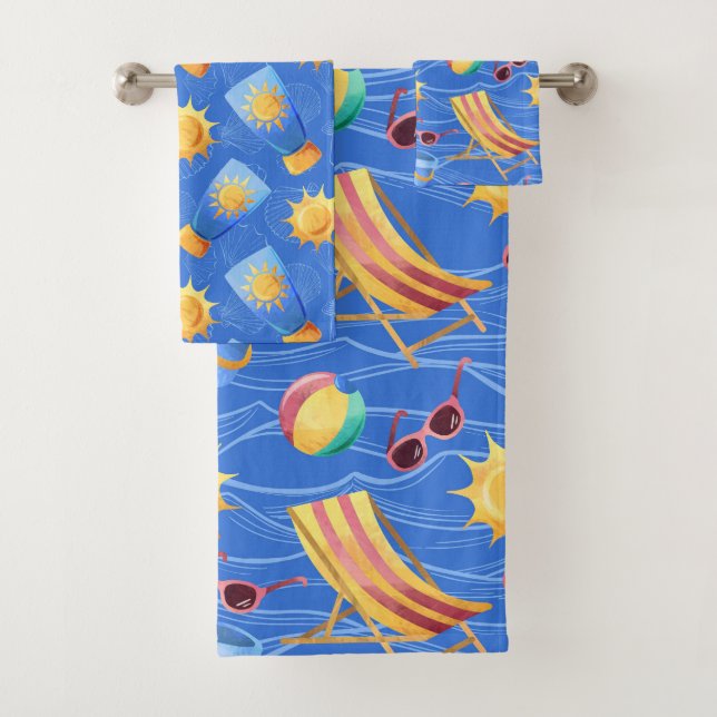 BLUE & YELLOW BOTTLES OF SUNSCREEN & SUNS BATH TOWEL SET (Insitu)