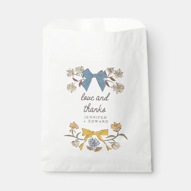 Blue Yellow Bows and Blossoms Boho Wedding Favour Bag (Front)