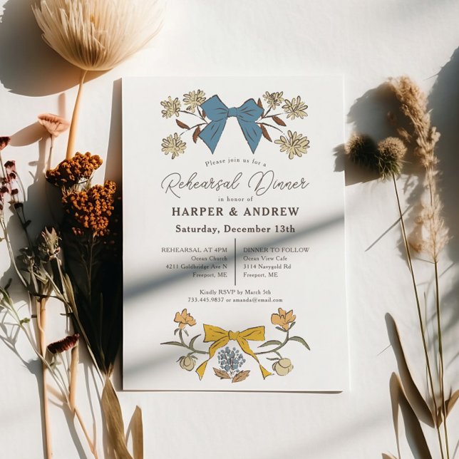 Blue Yellow Bows Blossom Wedding Rehearsal Dinner  Invitation (Creator Uploaded)