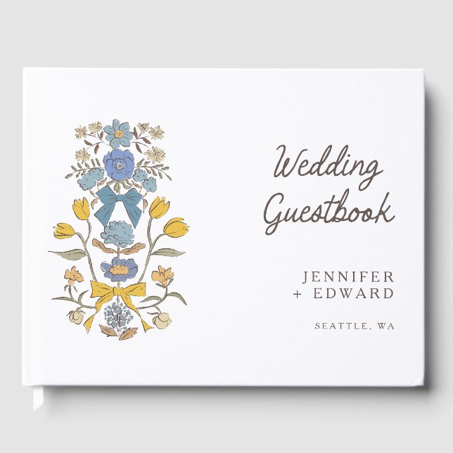 Blue Yellow Bows & Blossoms Floral Wedding Guest Book (Front)