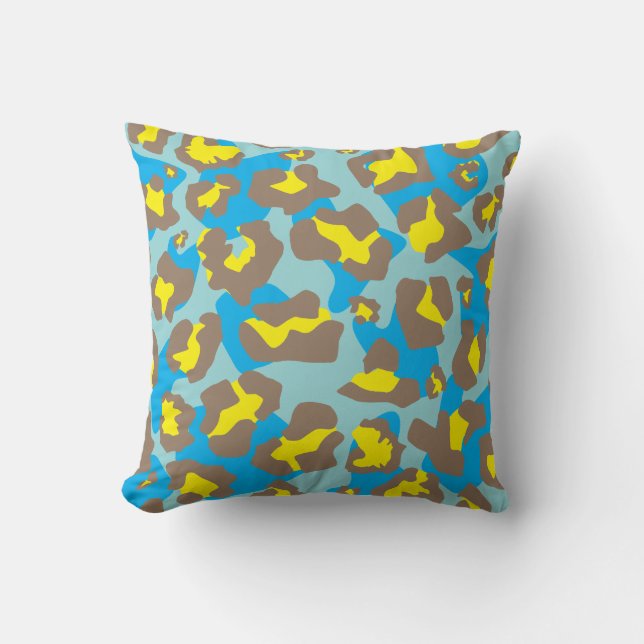 Blue, yellow, brown leopard animal print pattern throw pillow (Front)