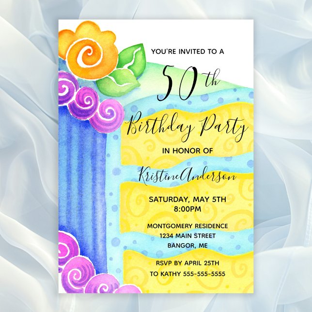 Blue Yellow Cake Floral 50th Birthday Party Invitation (50th Birthday Party Invitation with a piece of cake decorated with aqua blue frosting)