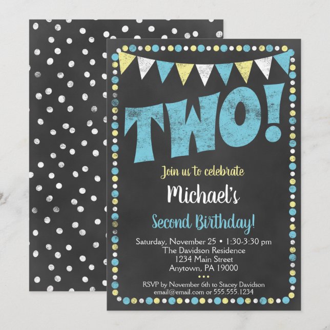 Blue Yellow Chalkboard 2nd Birthday Invitation Two (Front/Back)