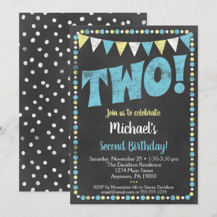 Blue Yellow Chalkboard 2nd Birthday Invitation Two