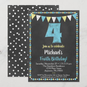 Blue Yellow Chalkboard 4th Birthday Invitation