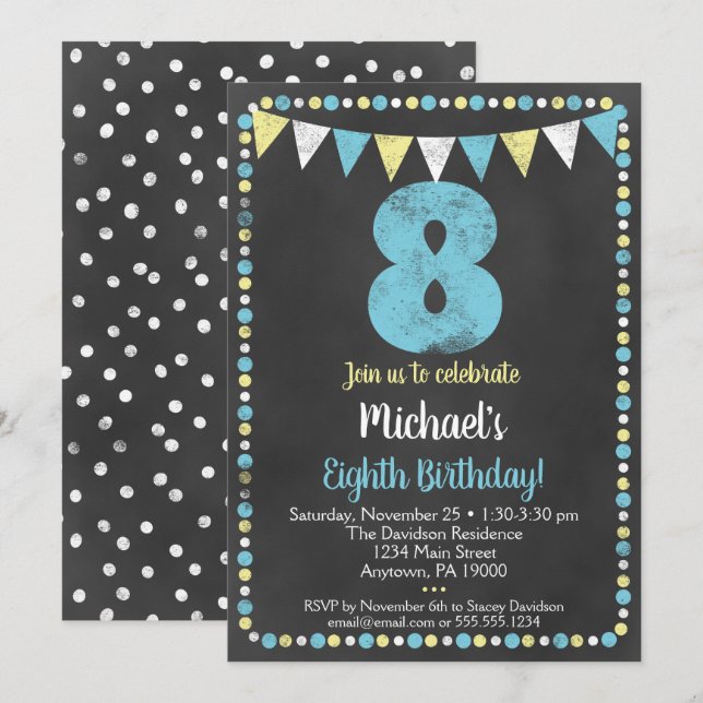 Blue Yellow Chalkboard 8th Birthday Invitation (Front/Back)