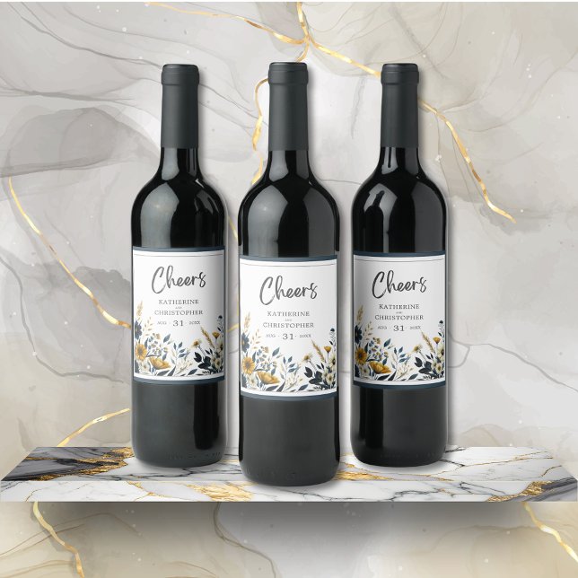 Blue Yellow Cheers Floral Wedding Wine Label (Blue Gold Cheers Floral Wedding Wine Label with Couple Names and Wedding Date.)