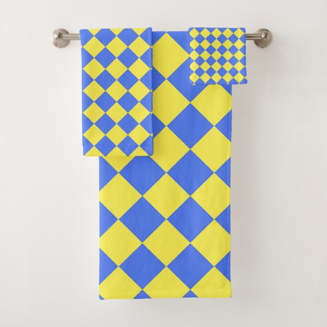 Blue Yellow Chequered Diamond Pattern  Bath Towel Set (Insitu)