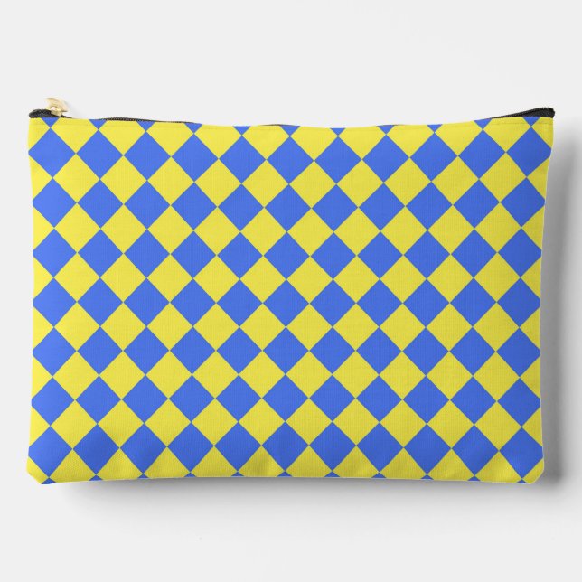Blue Yellow Chequered Diamond Pattern Large Accessory Pouch (Front)