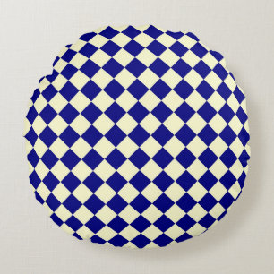 Blue Yellow Chequered Diamond Pattern Round Pillow