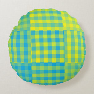 Blue Yellow Chequered Patchwork Pattern Round Pillow