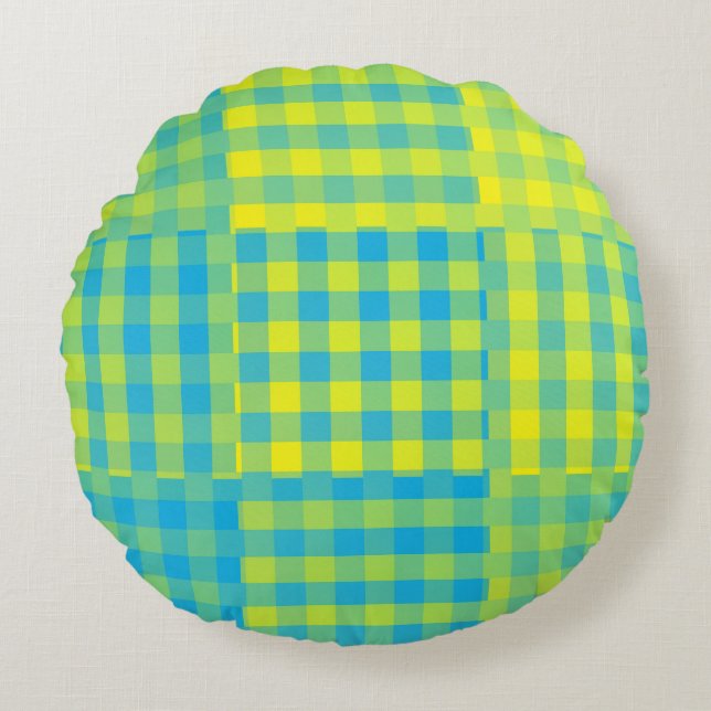Blue Yellow Chequered Patchwork Pattern Round Pillow (Front)