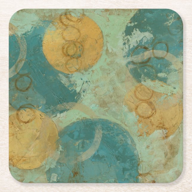 Blue & Yellow Circles Square Paper Coaster (Front)