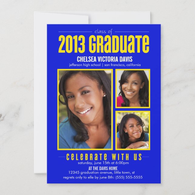 Blue Yellow Class of 2013 Graduate Photo Invite (Front)