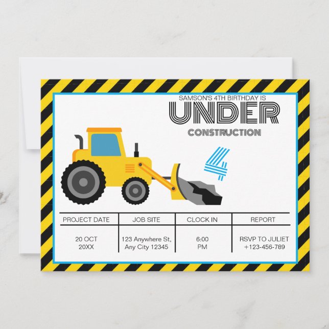 Blue Yellow Construction Birthday Invitation (Front)