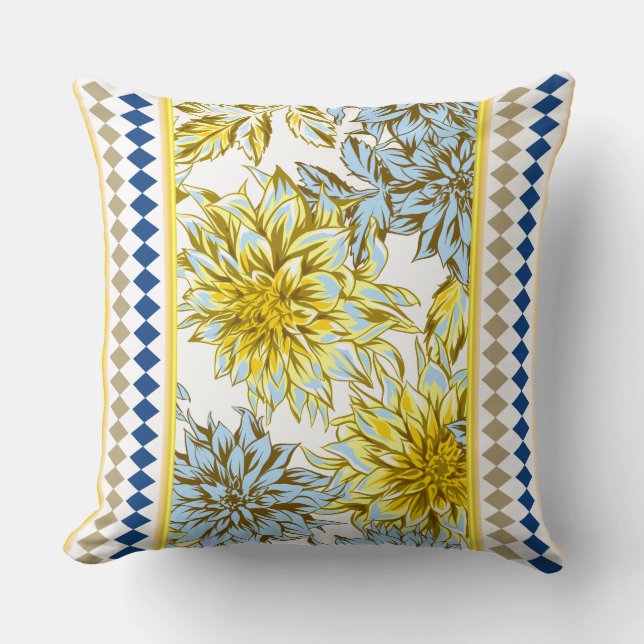 Blue Yellow Dahlias with Patterned Trim Throw Pillow (Front)