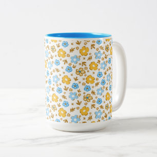 Blue Yellow Elegant Farmhouse Floral Pattern Two-Tone Coffee Mug