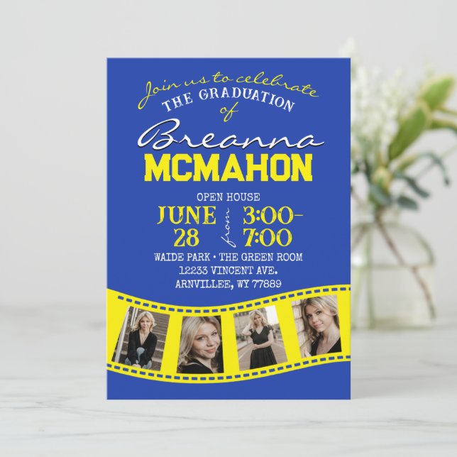Blue & Yellow Filmstrip 5 Photo Graduation Invitation (Standing Front)