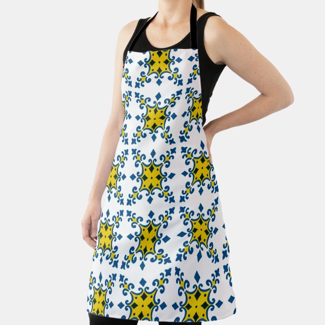 Blue Yellow Fleur De Lis Azulejo Pattern Apron (Insitu)