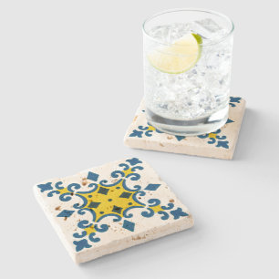 Blue Yellow Fleur De Lis Azulejo Pattern Stone Coaster
