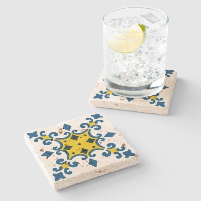 Blue Yellow Fleur De Lis Azulejo Pattern Stone Coaster (Side)