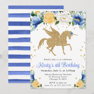 Blue Yellow Floral Gold Unicorn Birthday Party Invitation