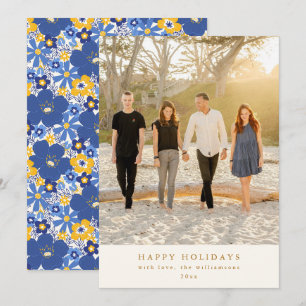 Blue Yellow Floral Hanukkah Holiday Photo Elegant Card
