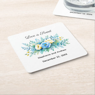 Blue Yellow Floral Love Is Sweet Wedding Square Paper Coaster