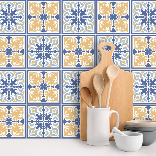 Blue Yellow Floral Mosaic Tile Pattern Peel Stick Wallpaper (Creator Uploaded)