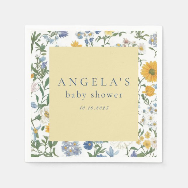 Blue & Yellow Floral Rustic Baby Shower Napkin (Front)