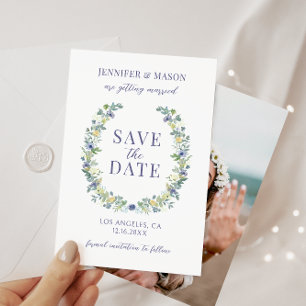 Blue yellow floral Save the Date photo invitation