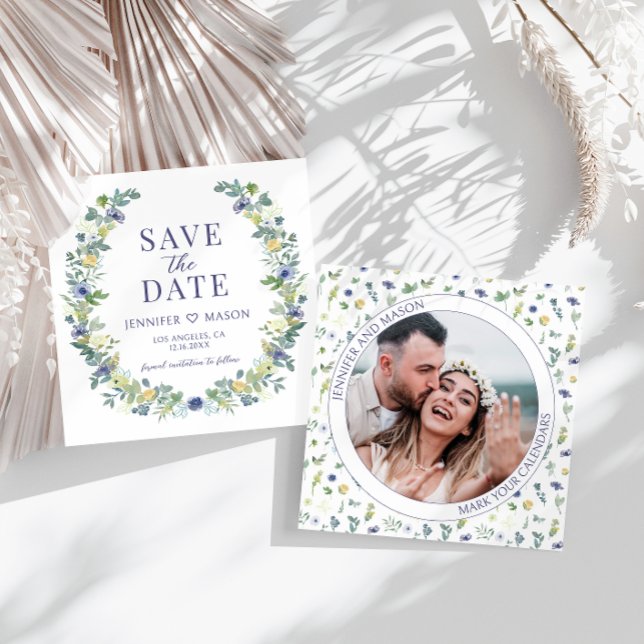 Blue yellow floral Save the Date photo invitation (Creator Uploaded)